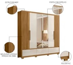 Guarda Roupa Casal com Espelho 6 Portas 240cm Arizona Z17 Freijó/Off W