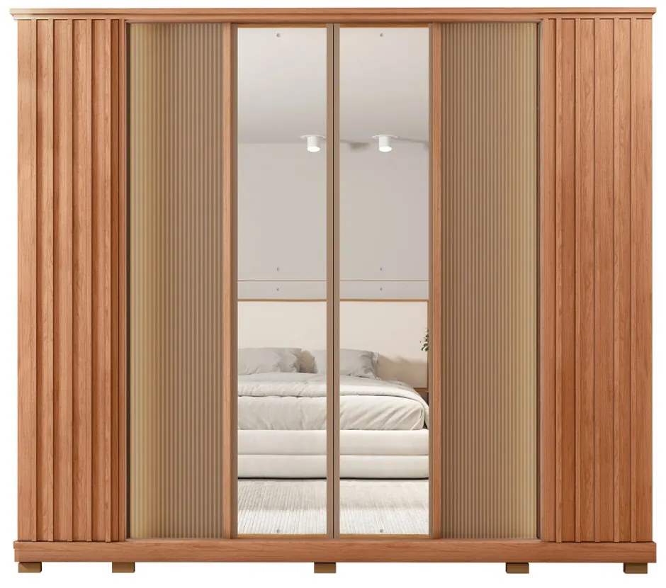 Guarda Roupa Monteiro Ripado 6 Portas e 4 Gavetas com Espelho LED MDF Freijo/Sued G11 - Gran Belo