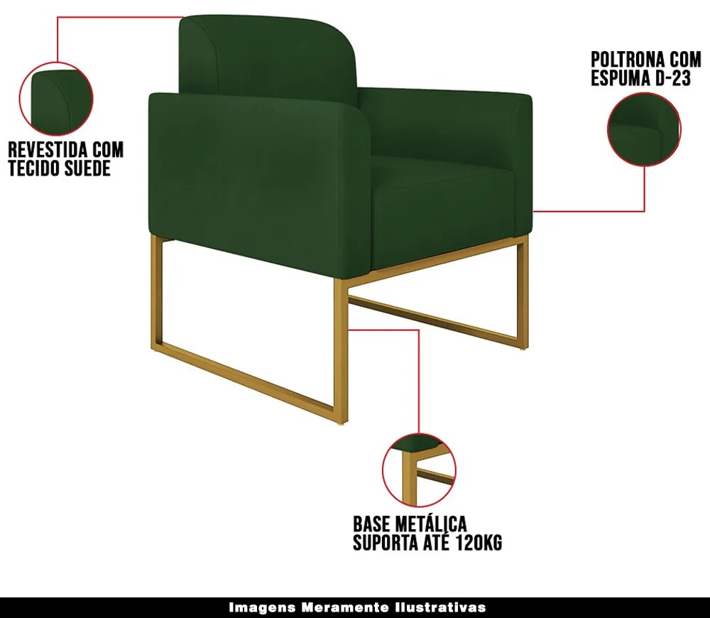 Kit 2 Poltronas Decorativas Isabella Base Industrial Suede Verde/Dourado G19