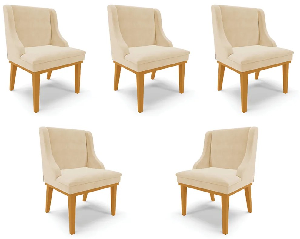 Kit 5 Cadeiras Decorativas Sala de Jantar Base Fixa de Madeira Firenze Suede Bege/Castanho G19 - Gran Belo