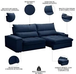 Sofá Retrátil 4 Lugares com Porta Copo 280cm Andes F05 Veludo Azul - M