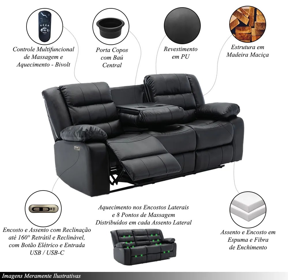 Poltrona Reclinável Elétrica Sala de Cinema Hollywood 3 Lugares com Massagem Aquecimento Entrada USB/USB-C PU Preto G94 - Gran Belo
