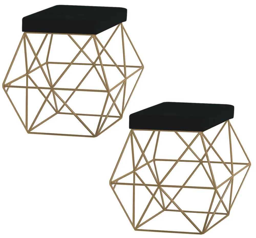 Kit 2 Puffs Decorativo Sala de Estar Base Gold Trixie Suede Preto G41 - Gran Belo