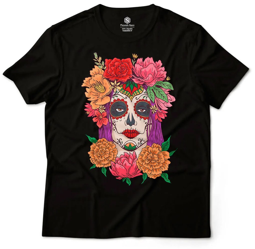 Camiseta Unissex Caveira Mexicana Mulher Dia de Los Muertos 2 - Branco - G