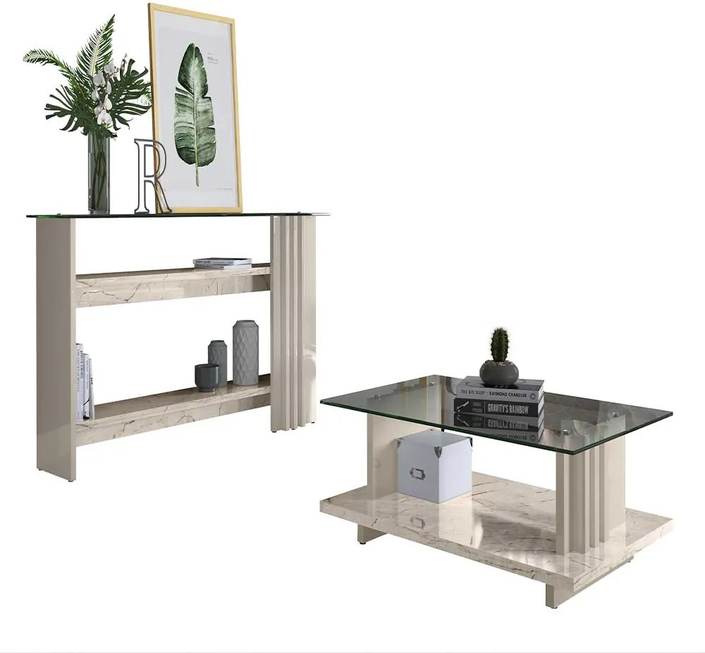 Conjunto Aparador e Mesa de Centro Gusmao MDP 2 Portas Calacata/OffWhite G97 - Gran Belo