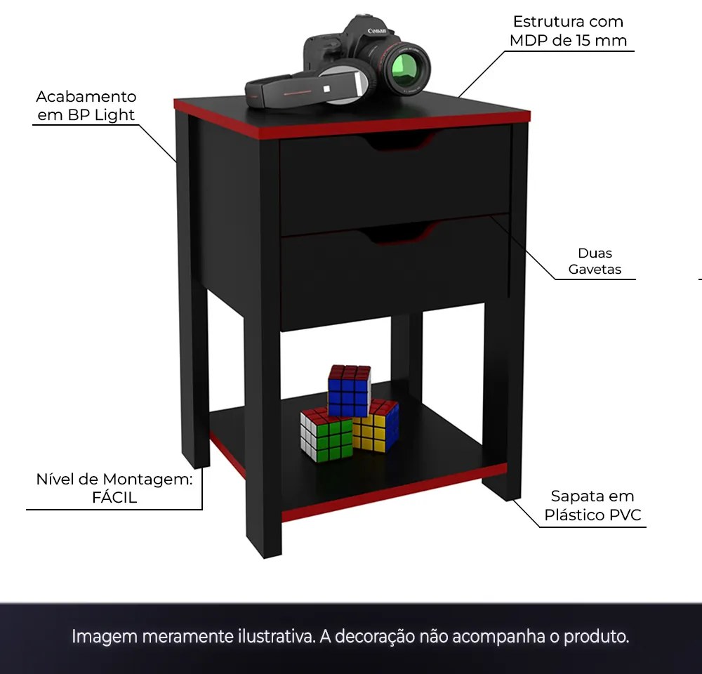 Conjunto Mesa Armário Estante e Gaveteiro para Escritório Home Office Gamer Cool MDP Preto/Vermelho G69 - Gran Belo