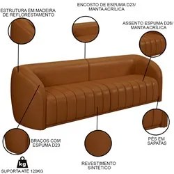Sofá Decorativo 3 Lugares 252cm e Poltrona Meris M22 Sintético Caramel