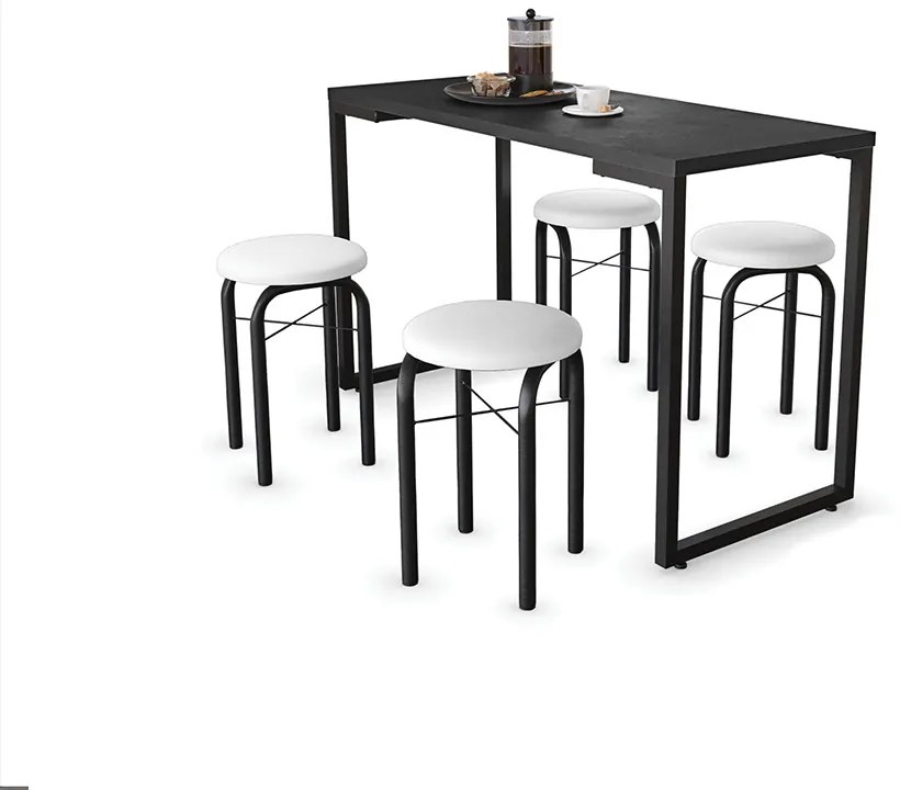 Mesa de Cozinha Industrial Porto Preto 120 cm com 04 Banquetas Manu Corino Branco - D'Rossi