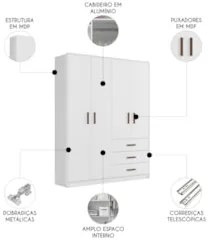 Guarda Roupa Infantil 176cm Com 4 Portas Nelly Branco Z49  - Mpozenato