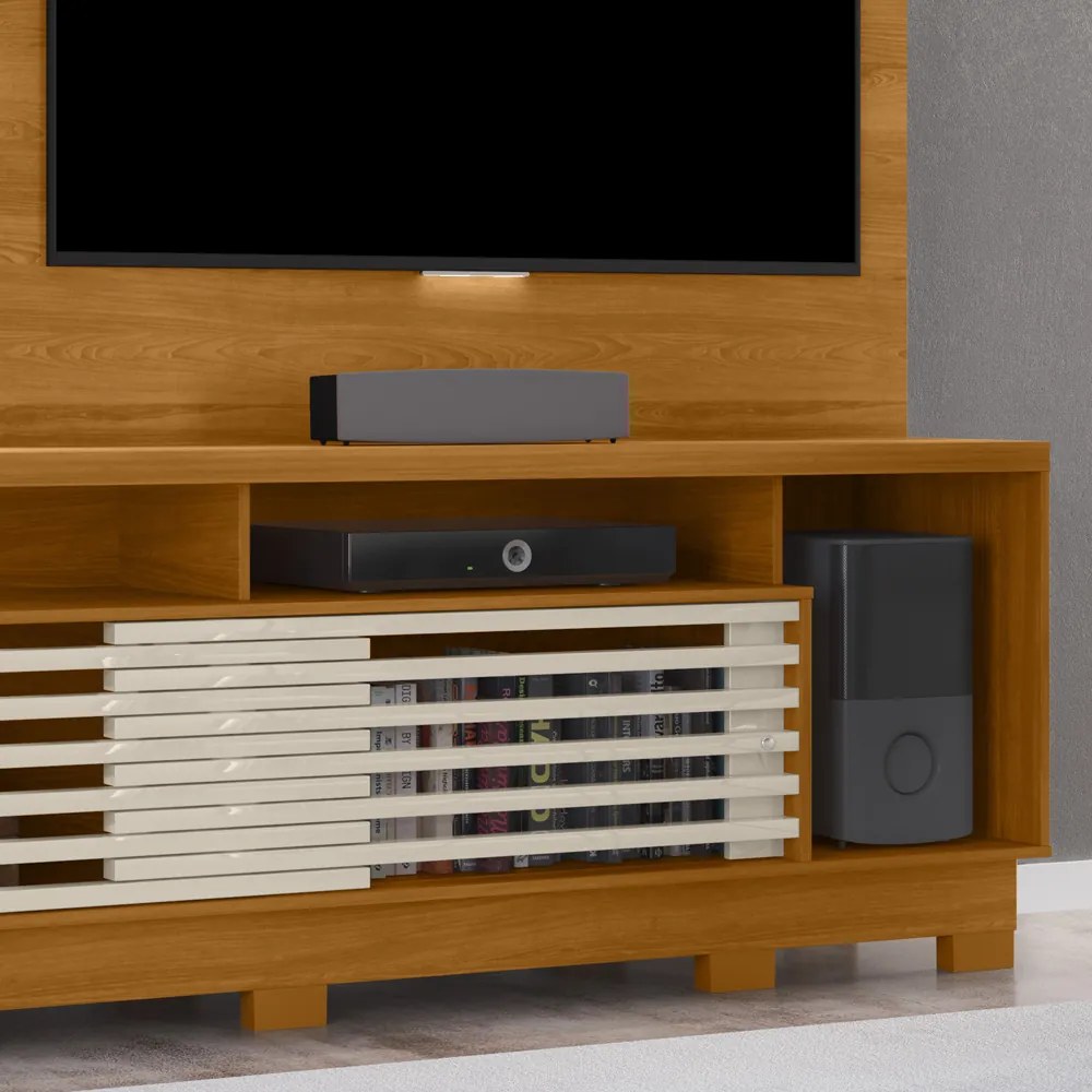 Estante de TV 60 Pol 200cm com Pé Sala de Estar Lumari M20 - D'Rossi - Cinamomo e Off White