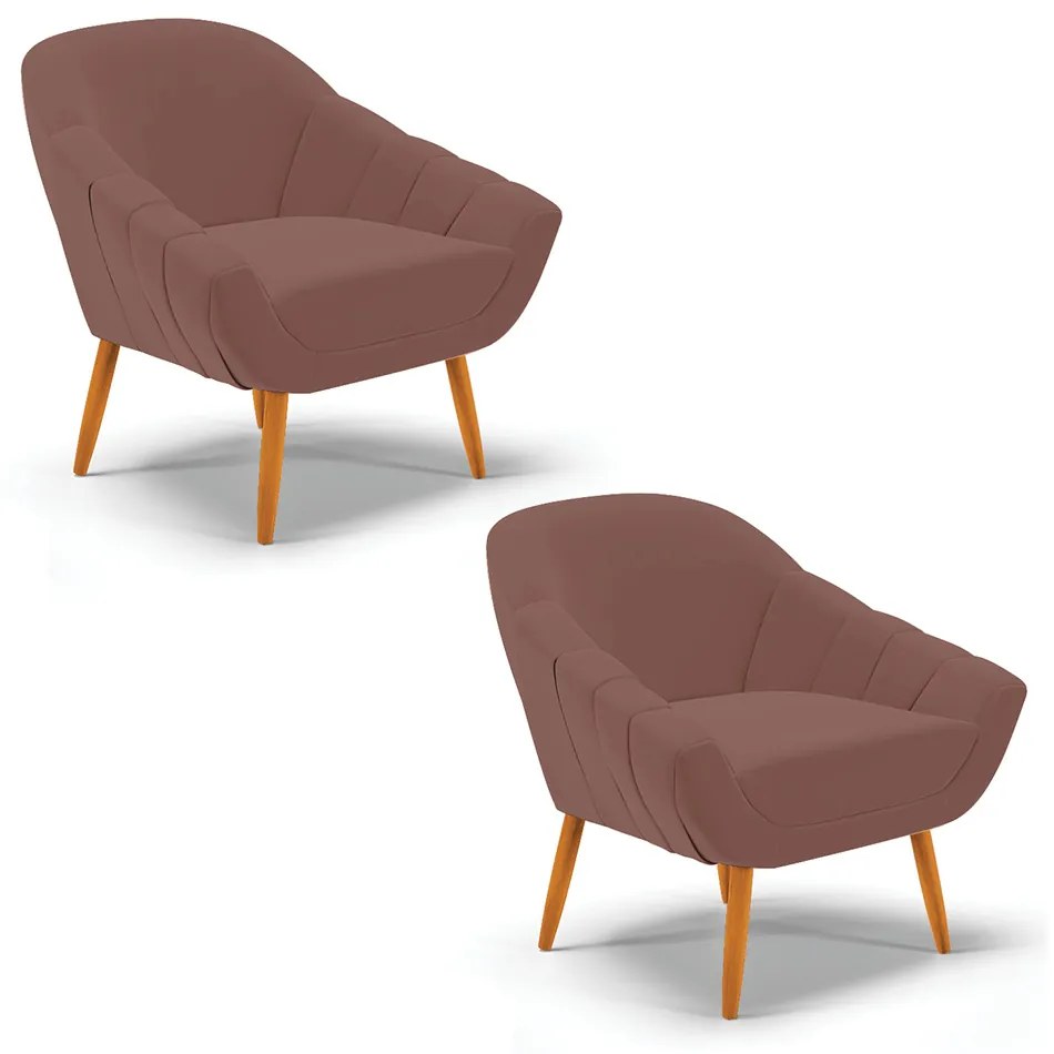 Kit 02 Poltronas Giovana Veludo Pés Palito Castanho - Indo Decorar - Rose