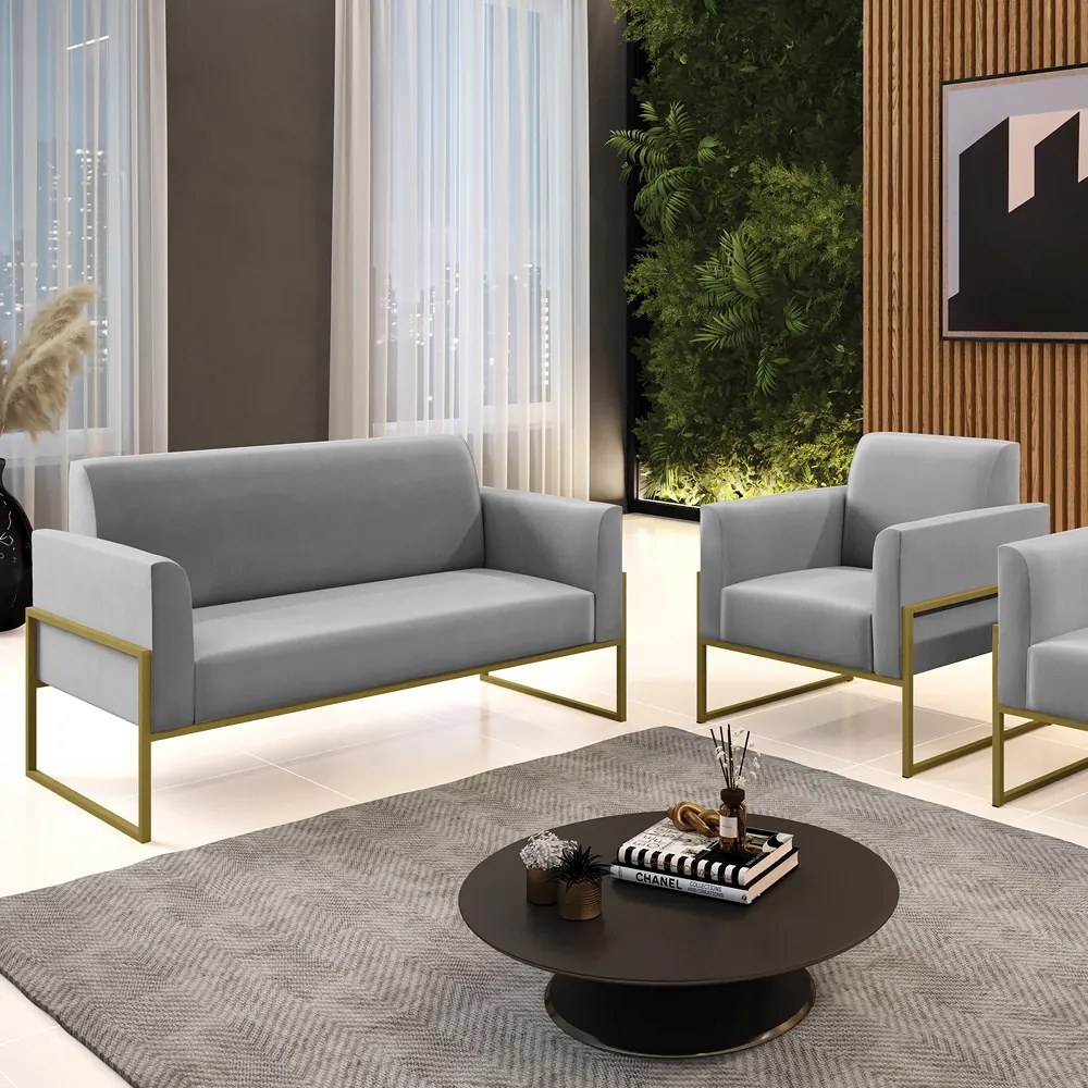 Sofá Namoradeira com Poltrona Base Industrial Alta Dourado Marisa Suede D03 - D'Rossi - Cinza