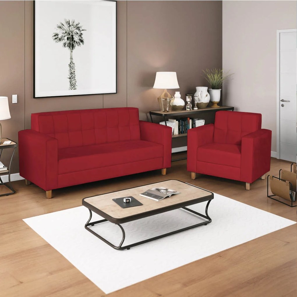 Kit Sofá 2 Lugares e 2 Poltronas Denver Suede Vermelho - ADJ Decor