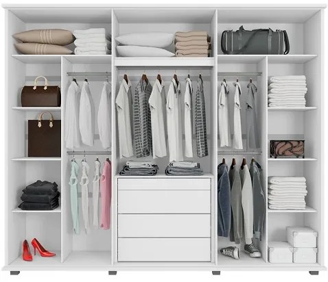Guarda-Roupa Casal Com Espelho 6 Portas 5 Gavetas Estrela Branco – RV Móveis