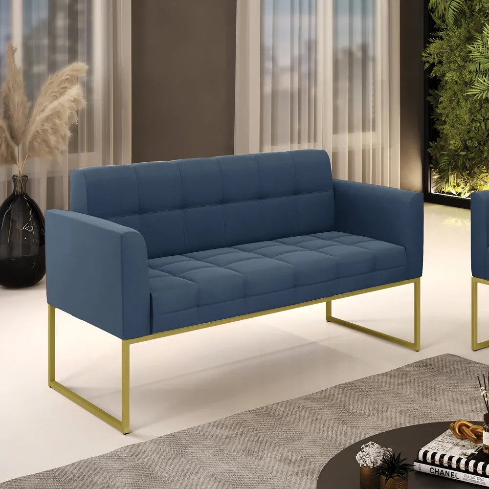 Sofá Namoradeira Elisa Suede Base Metálica Industrial Dourado - D'Rossi - Azul Marinho