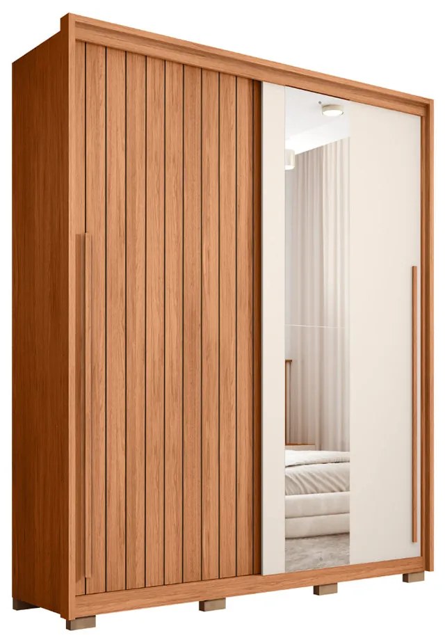 Guarda Roupa Solteiro Polaris Ripado com 2 Portas de Correr com Espelho 3 Gavetas MDF Freijo/Off/Sued G11 - Gran Belo