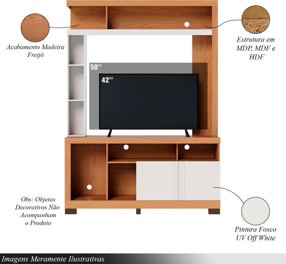 Home Estante para TV até 50 2 Portas MDP/MDF 190cm Nichos Laterais Brogy Freijó/Off White G73 - Gran Belo