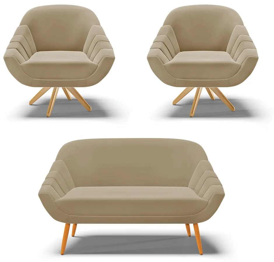Kit 01 Namoradeira 02 Lugares e 02 Poltronas Giratória Giovana Suede Marrom Rato Base Madeira MA30 - D'Rossi