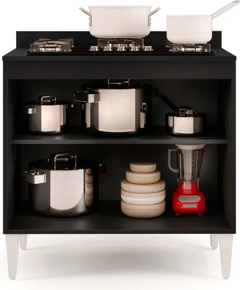Balcão para Cooktop de Cozinha com Tampo 2 Portas Brenda 80 cm L06 - D'Rossi - Preto