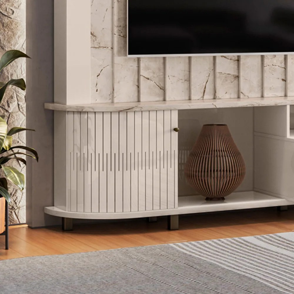 Estante de TV 70 Pol 243cm Ripado Sala de Estar Nivora M20 - D'Rossi - Calacata e Off White