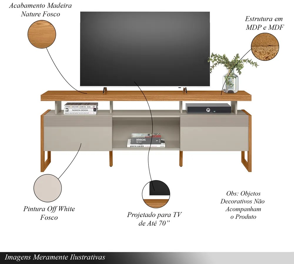 Conjunto Painel Extensível Rack Tremonti/Elora TV até 70 Polegadas Nature/Off White G77 - Gran Belo