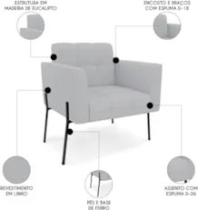 Poltrona Para Sala Pé Metal Preto Kit 2 Ana Linho Cinza - Ibiza