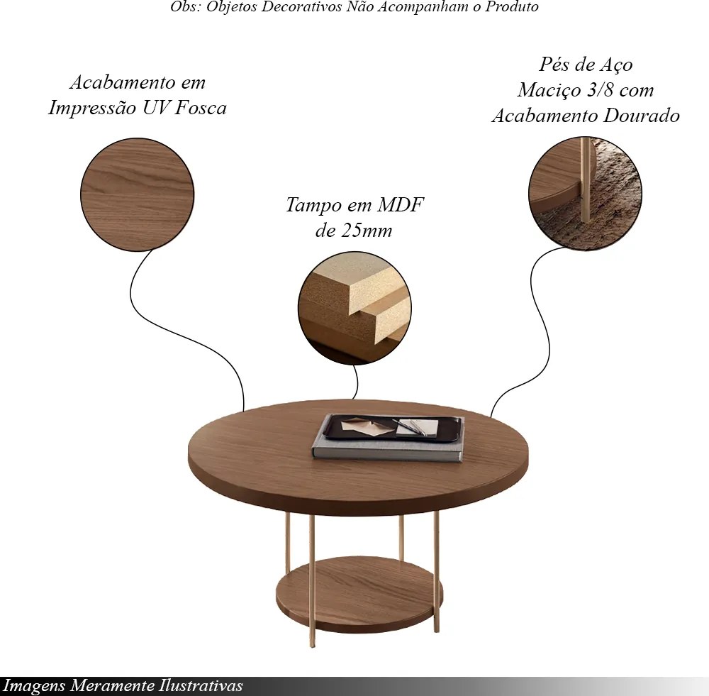 Conjunto Mesa Centro Sky Tampo MDF e Aparador Inifnity com Pés em Aço Castanho G26 - Hb Móveis