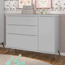Cômoda Infantil 1 Porta 3 Gavetas 100% MDF Pés Retrô Melinda Cinza - P