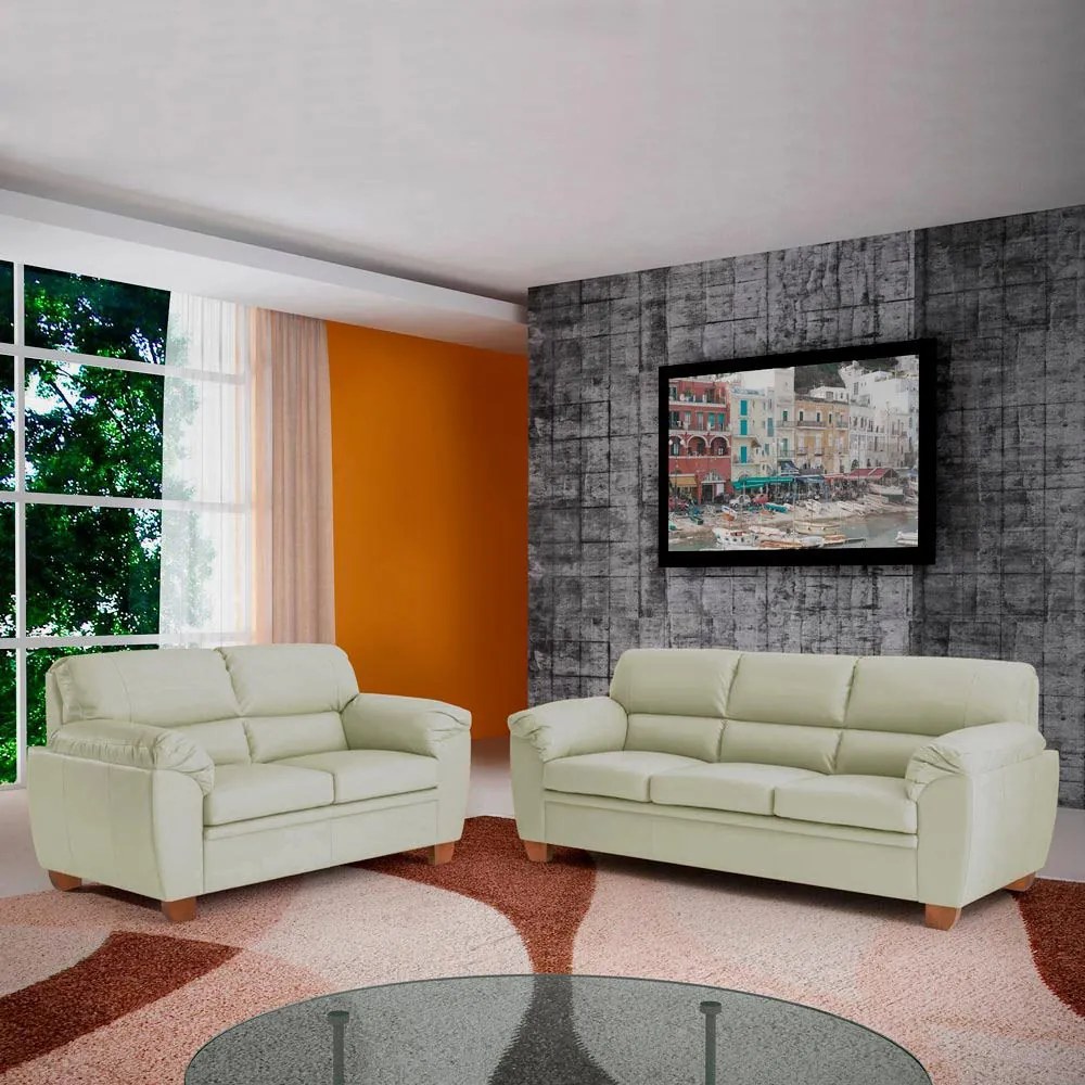 Conjunto de Sofás 2 e 3 Lugares Sala de Estar Pés em Madeira Nauru Couro Off White G43 - Gran Belo