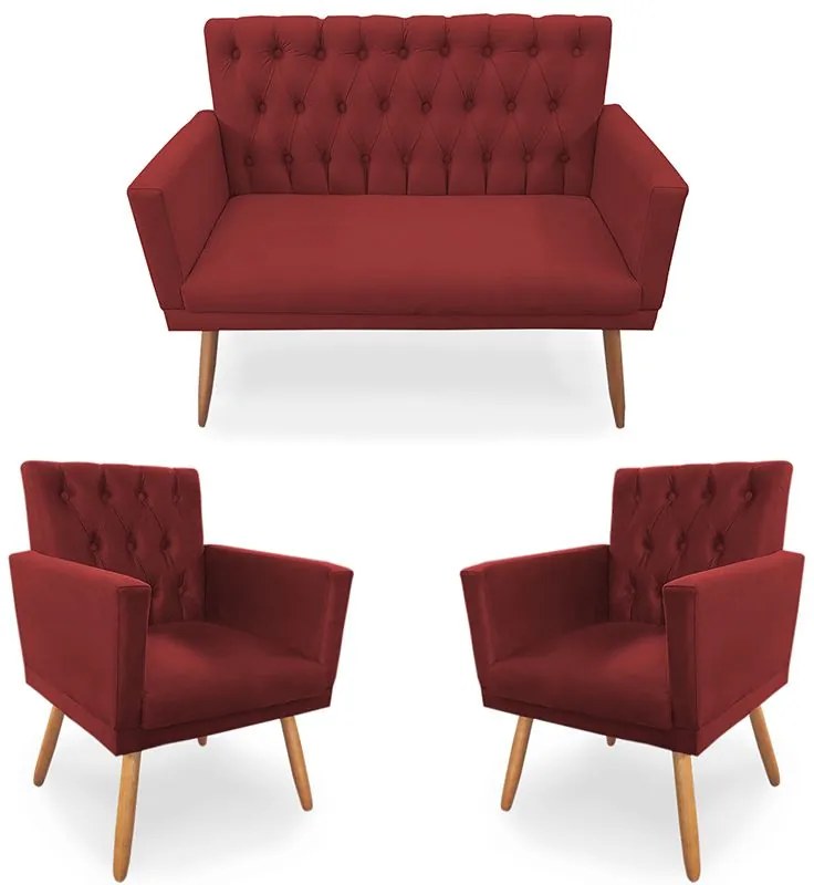 Kit 2 Poltronas 1 Namoradeira Clara Capitonê Pés Palito Suede Vermelho - Sheep Estofados