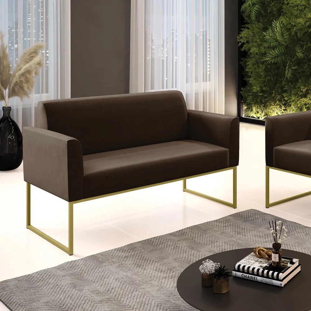 Sofá Namoradeira Base Industrial Dourado Marisa Suede Marrom D03 - D'Rossi
