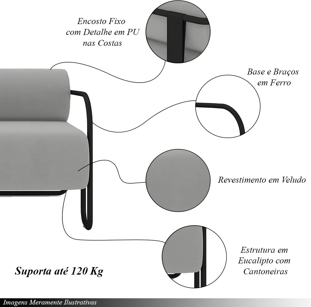 Kit 2 Poltronas Decorativas Sala de Estar Polatsk Base Industrial de Ferro Veludo Cinza Claro G33 - Gran Belo