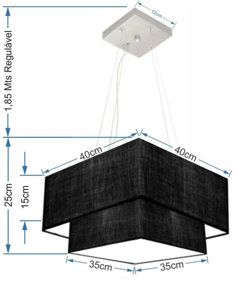 Lustre Pendente Duplo Quadrado Vivare Md-4157 Cúpula em Tecido 40x35cm Preto - Bivolt