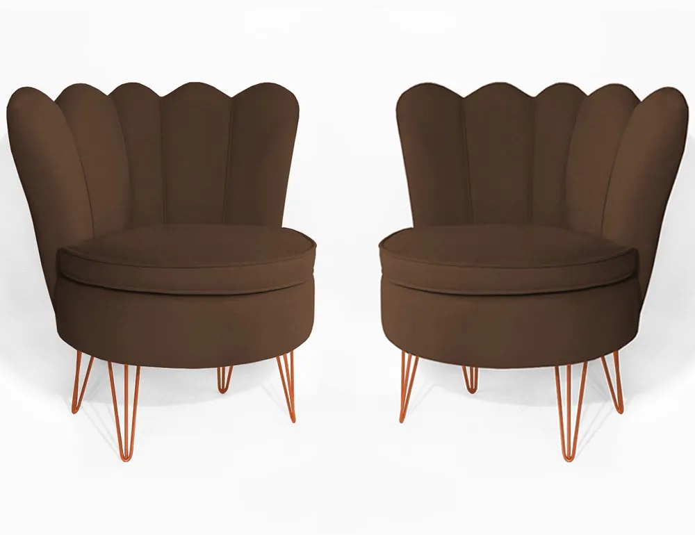Conjunto 2 Poltrona Dália Pés Hairpin Legs Bronze Veludo Marrom