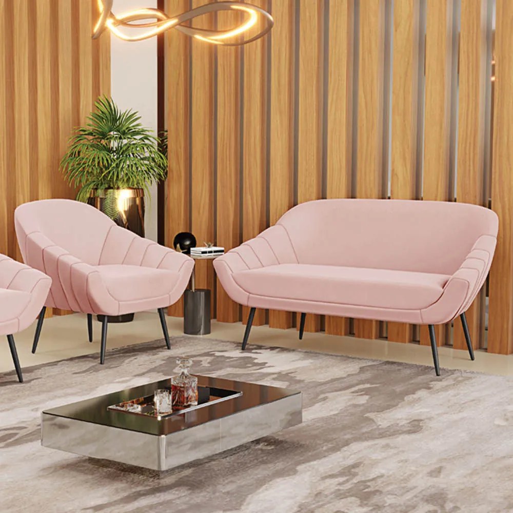 Kit 01 Namoradeira 02 Lugares e 01 Poltrona Giovana Veludo Pés Palito de Ferro D03 - D'Rossi - Rose
