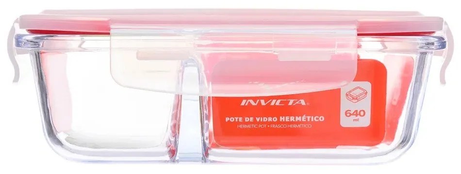 Pote Hermético de Vidro com Divisória e Tampa Click 640ml Retangular