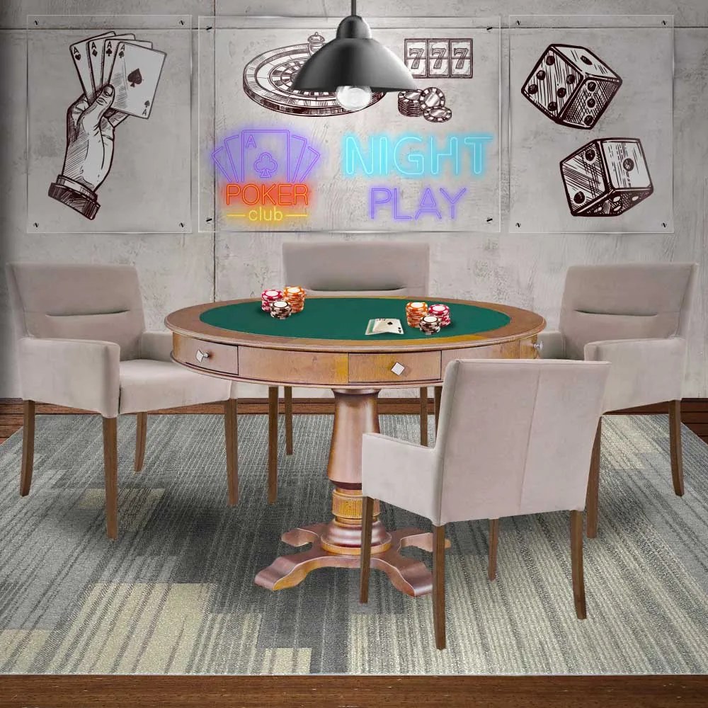 Mesa de Jogos Carteado Victoria Redonda Tampo Reversível Amêndoa com Kit 4 Cadeiras Vicenza Suede Nude G36 G15 - Gran Belo
