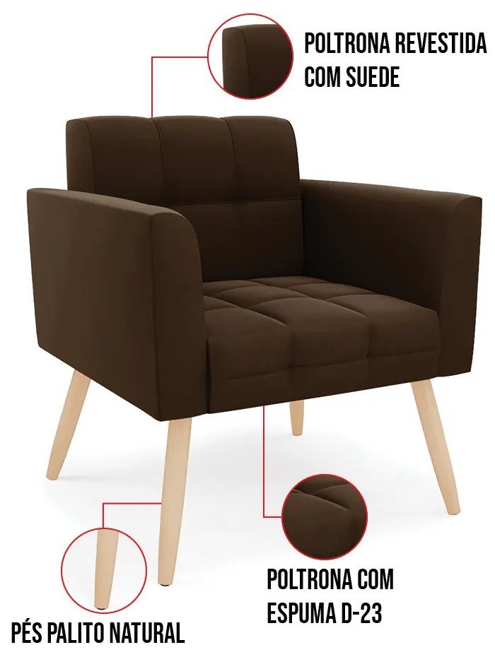 Kit 1 Sofá Namoradeira e 2 Poltronas Elisa Suede Pés Palito Natural D03 - D'Rossi - Marrom