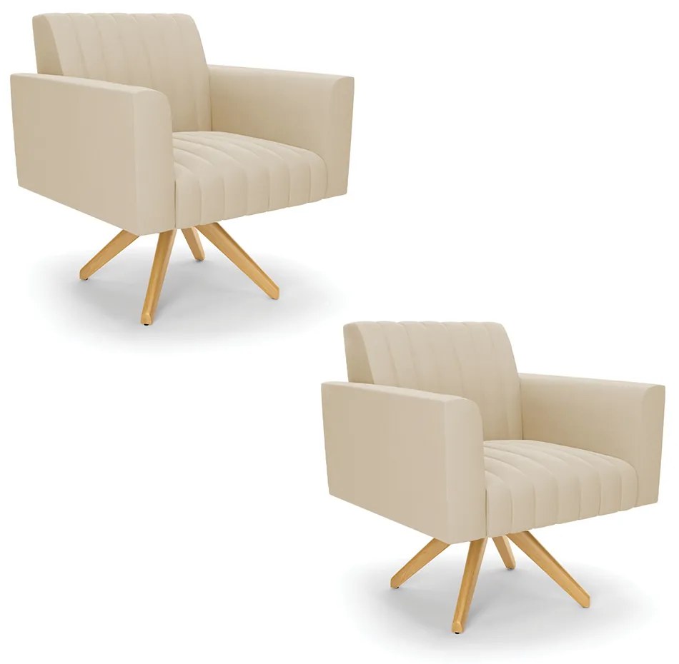 Kit 2 Poltronas Giratória Viena Gomada Suede Base de Madeira MA30 D03 - D'Rossi - Bege