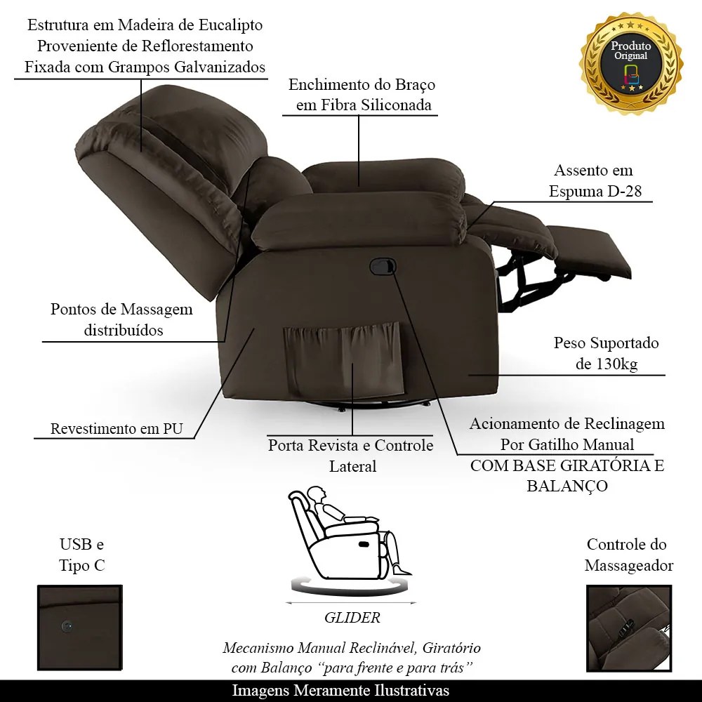 Poltrona do Papai Reclinável Melim Glider Giratória Massagem PU FH1 - D'Rossi - Marrom