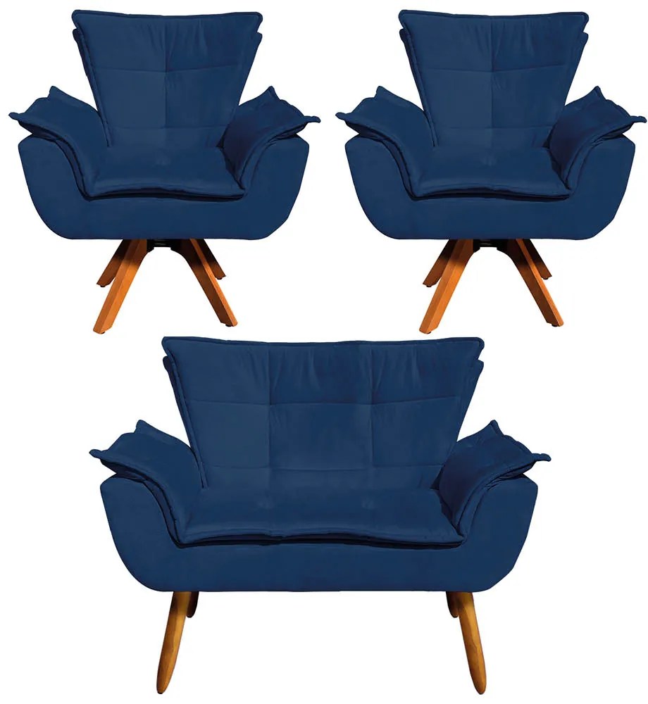 Sofá Namoradeira e 2 Poltronas Giratória MM30 Opala Suede D03 - D'Rossi - Azul Marinho