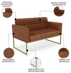 Sofá Namoradeira e 1 Poltrona Base Industrial Dourado Ana Sintético PU
