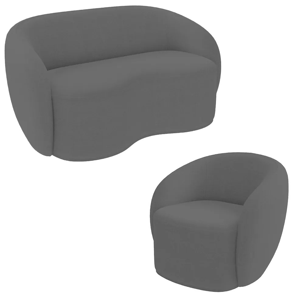 Conjunto 1 Sofá Living 160cm e 1 Poltrona Decorativa Sala de Estar Íbis Encosto Fixo Bouclê Grafite G33 - Gran Belo