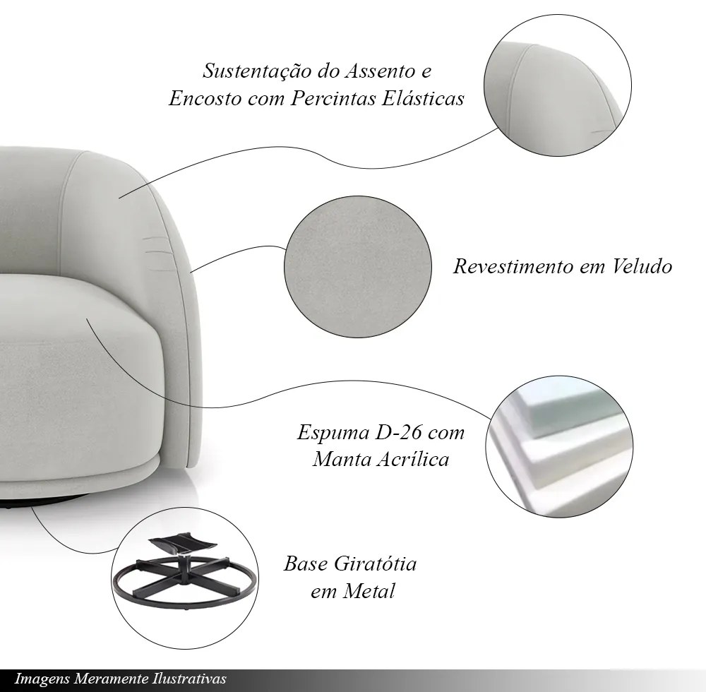 Kit 2 Poltronas Decorativas Jenny Base Giratória em Metal Preto Veludo Bege G45 - Gran Belo