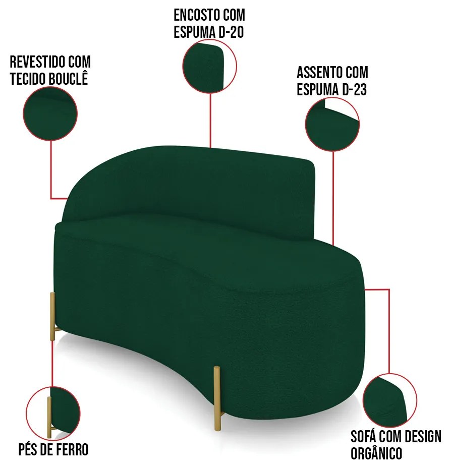 Sofá 2 Lugares Orgânico 140cm Pé Aço Lateral Dourado Morgan Bouclê D03 - D'Rossi - Verde
