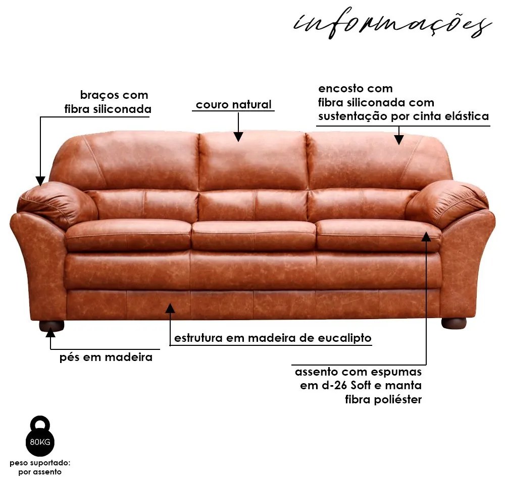 Sofá 3 Lugares 212cm Laura Couro Marrom Envelhecido G03 - Gran Belo