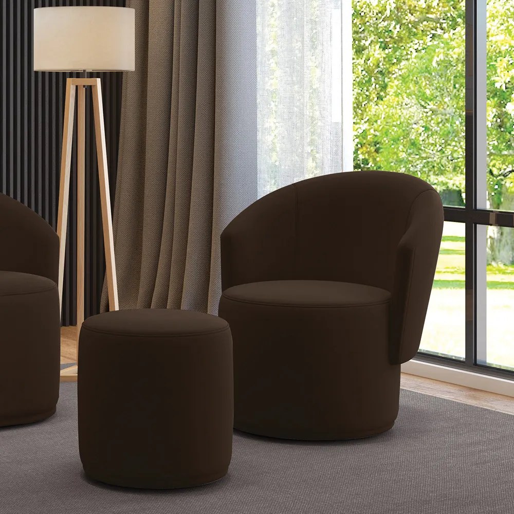 Poltrona e Puff Redondo Orgânico para Sala Malu Suede M11 - D'Rossi - Marrom