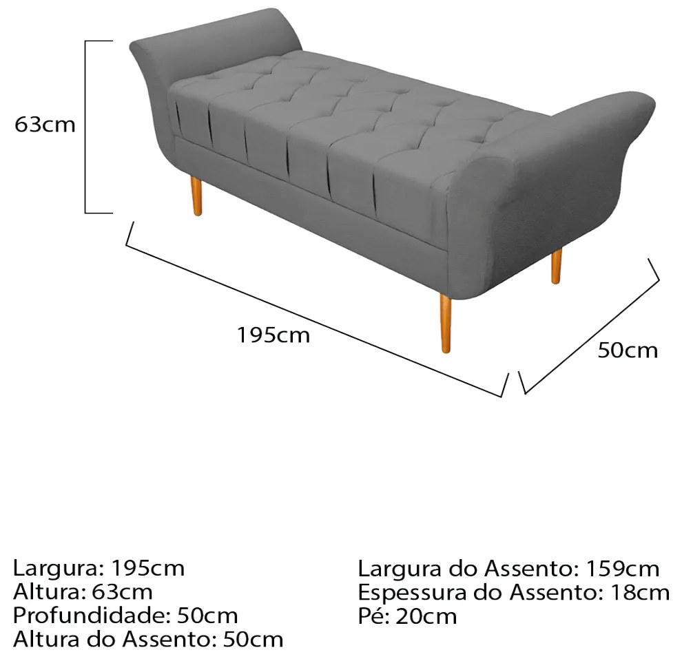 Recamier Estofado Ari 195 cm King Size Corano Cinza - ADJ Decor
