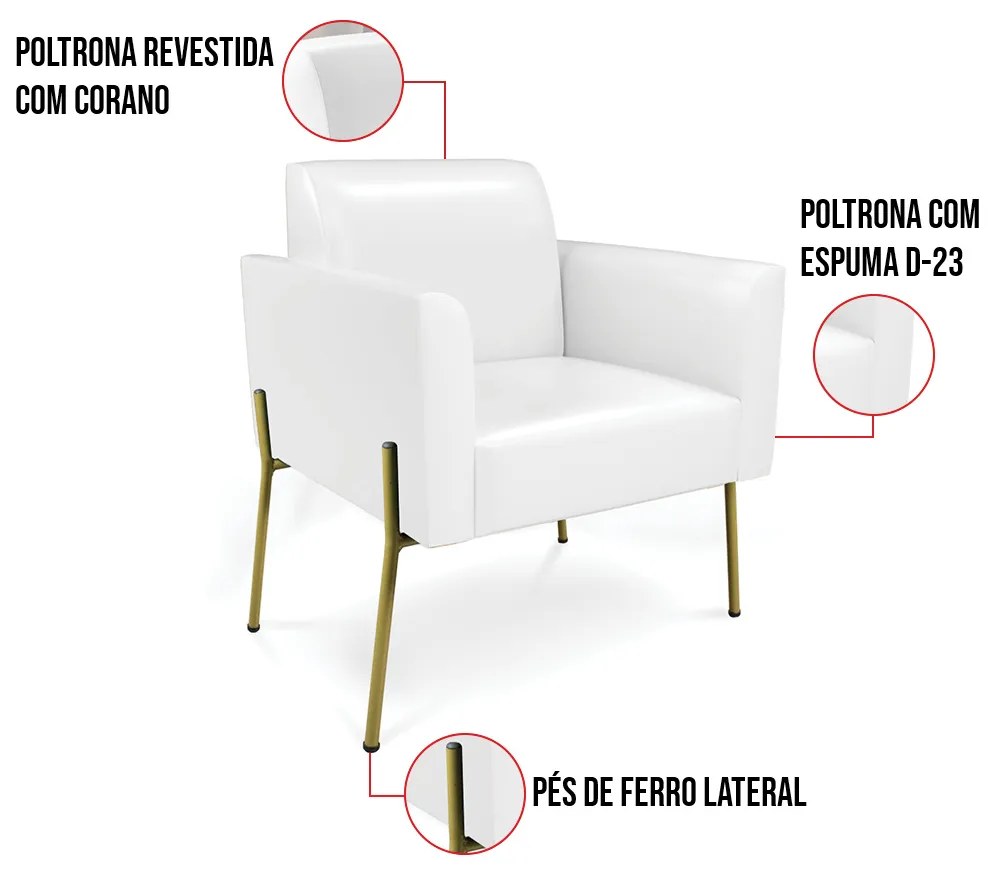 Poltrona Pé de Ferro Dourado para Sala Marisa Corano D03 - D'Rossi - Branco