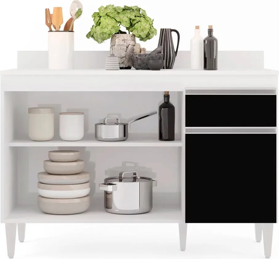 Balcão de Cozinha Lavanderia com Tampo 01 Gaveta Vick 120 cm L06 - D'Rossi - Branco e Preto